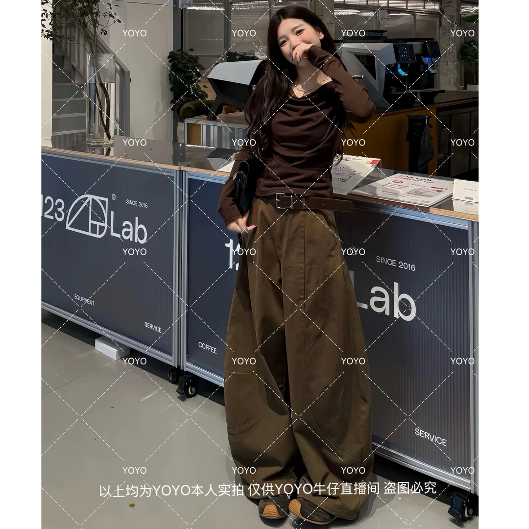 YOYO自制【军绿弯刀】秋款显瘦休闲复古宽松纯棉水洗阔腿弯刀裤