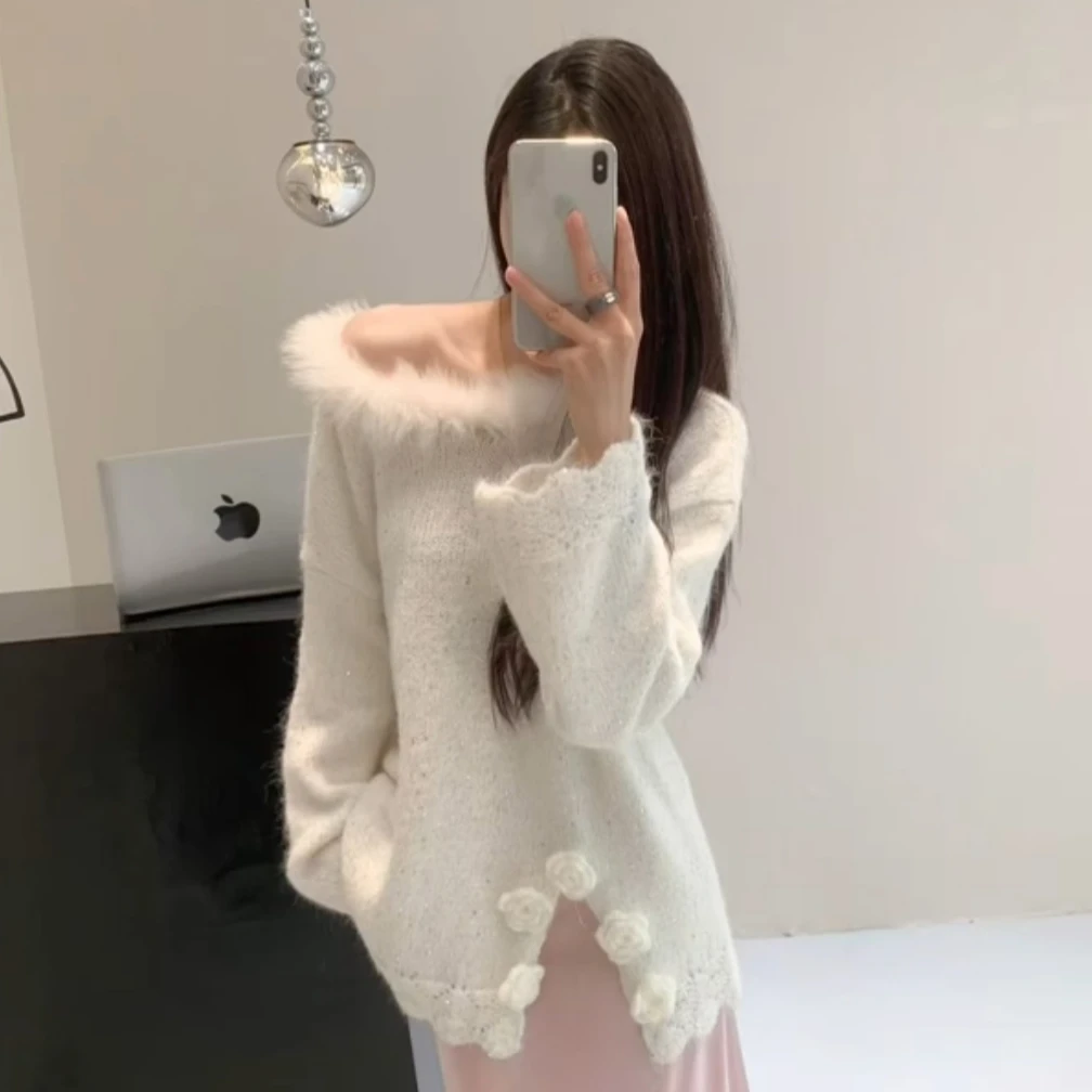 【裘羽衣橱】一见倾心-毛衣拼接蝴蝶结V领翻领针织毛针织衫