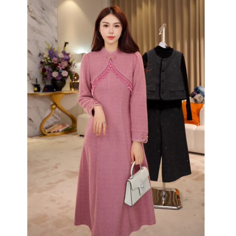 G9257高端新中式轻奢改良旗袍2025新款春女气质假两件长袖连衣裙