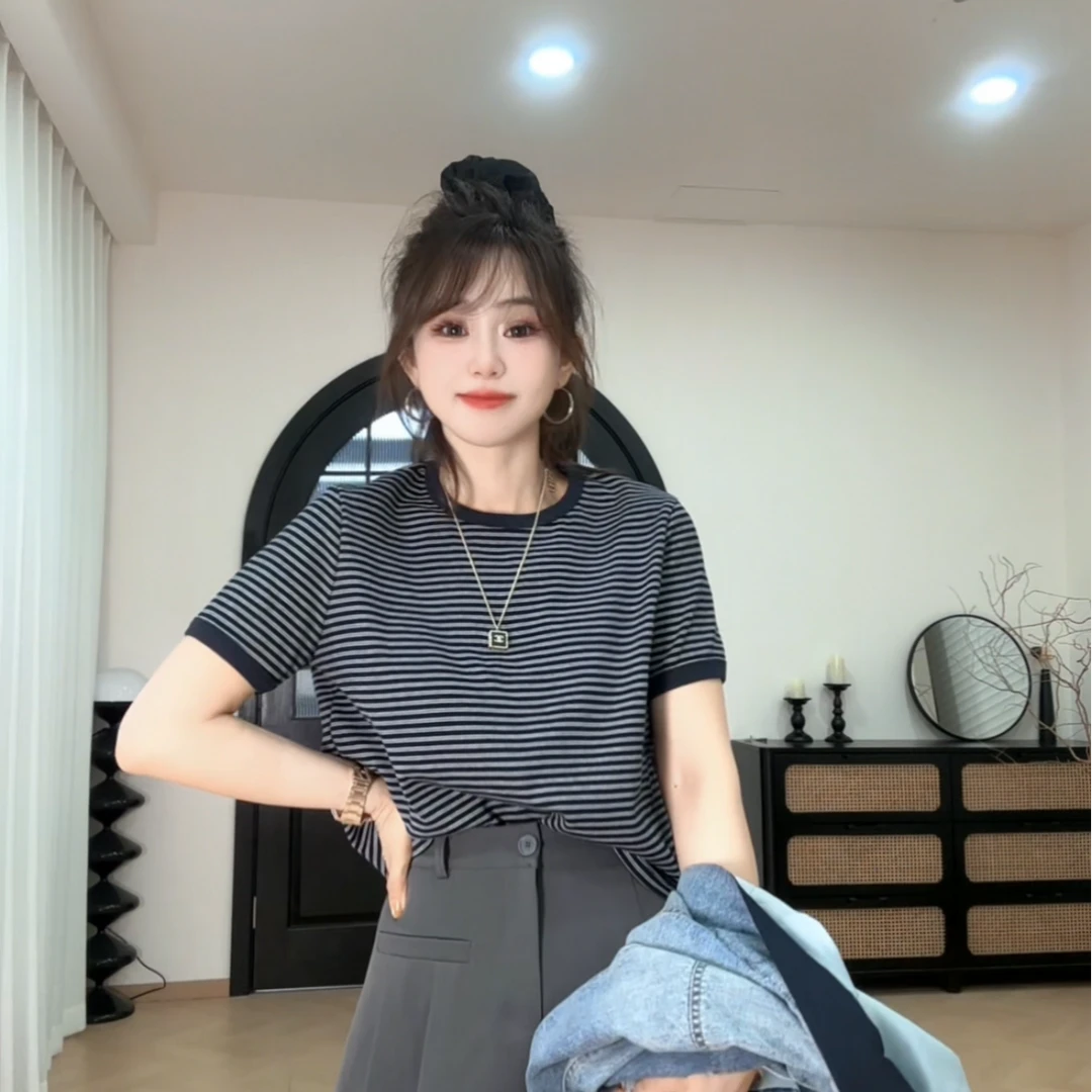 YX六TX2025021803新款横条体恤短袖百搭条纹韩版