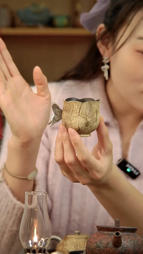 言野手作 粉引仿古蝴蝶银杯