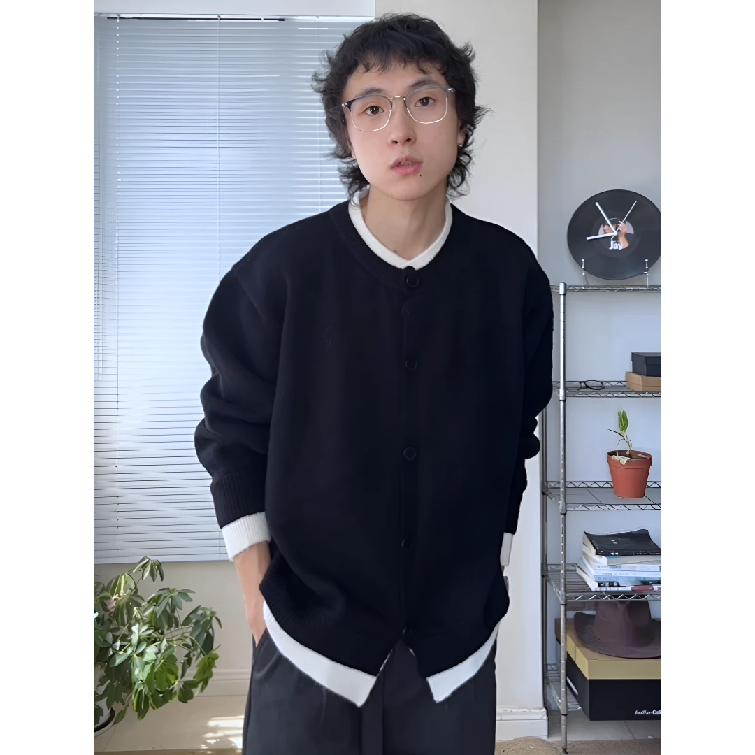 假两件cleanfit针织开衫拼色休闲毛衣男款春秋韩系风黑色痞帅外套