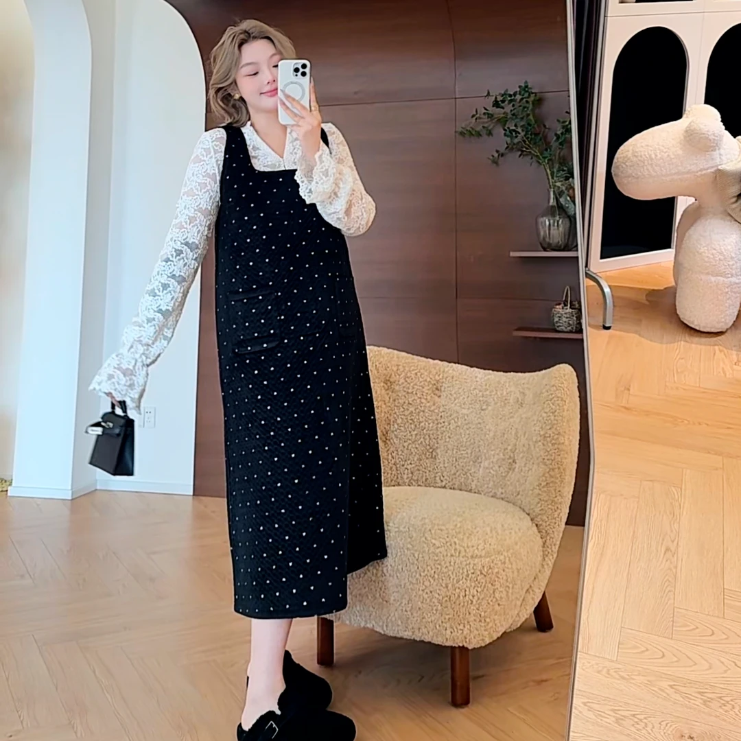 【瘦瘦】春秋单色圆领丝绒满天星加厚H形无袖百搭连衣裙S01200