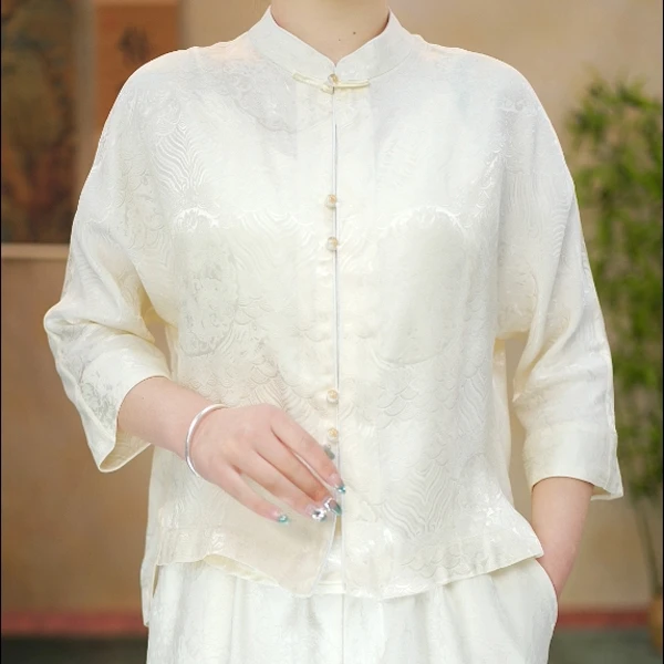 春夏新款宽松优雅中式提花气质上衣