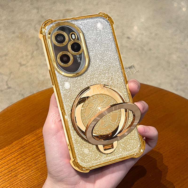 适用荣耀100pro电镀四角防摔發發發旋转陀螺支架高级感手机壳