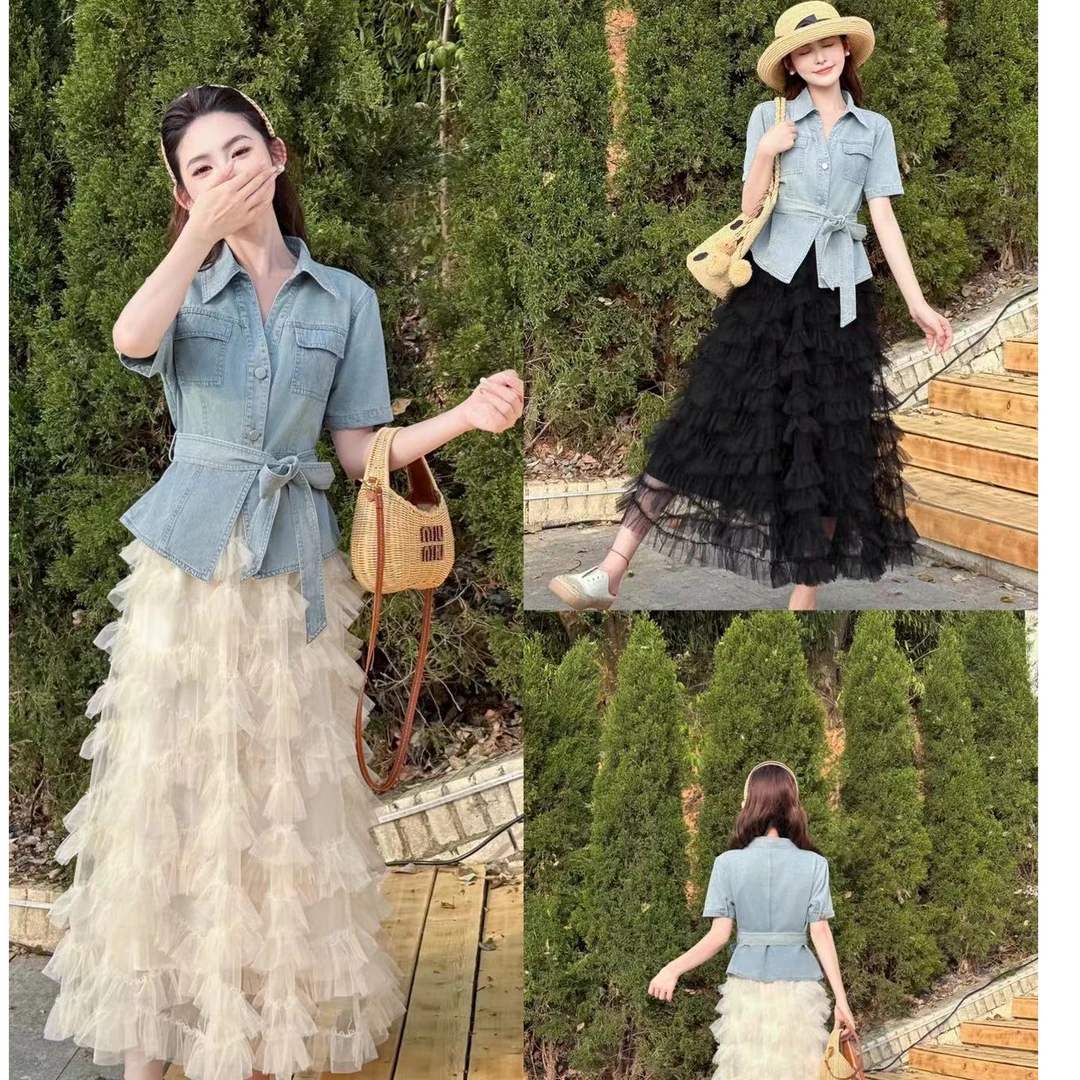 9153【衣长50裙长84】洋气网纱裙套装女新款时尚短袖牛仔衣两件套