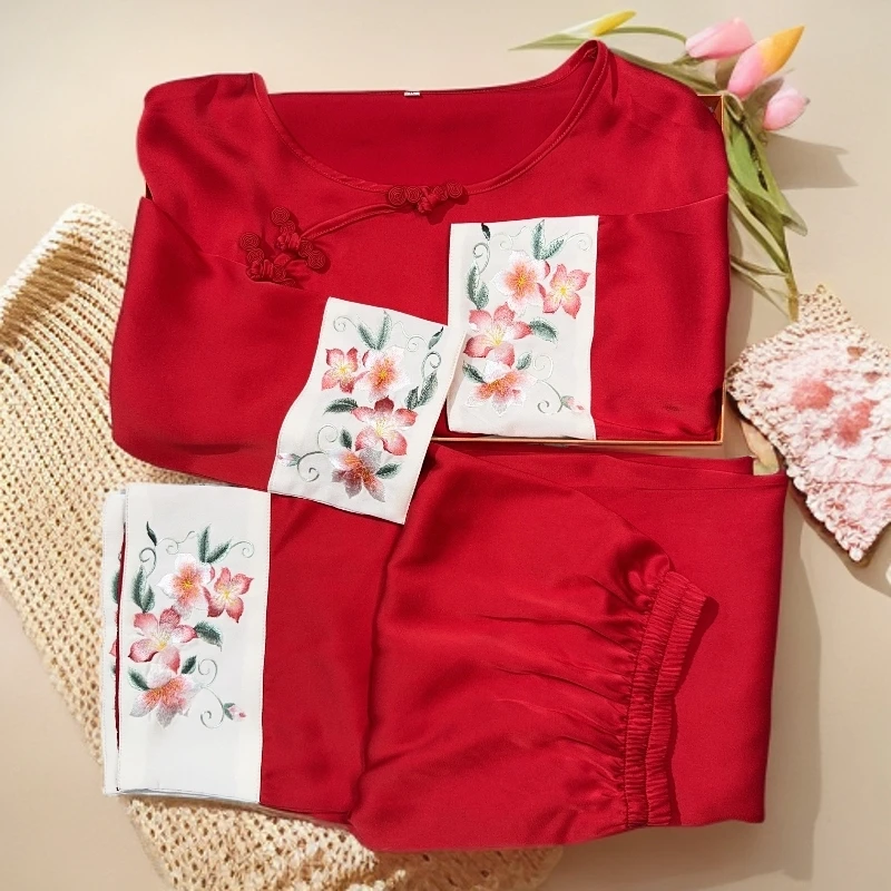 苏州刺绣绣花睡衣女套装醋酸真丝丝绸苏绣成品盘扣睡衣宽松家居服