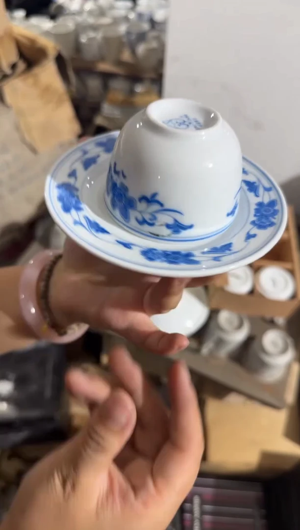 摆件蓝海棠一杯一碟微瑕请慎拍