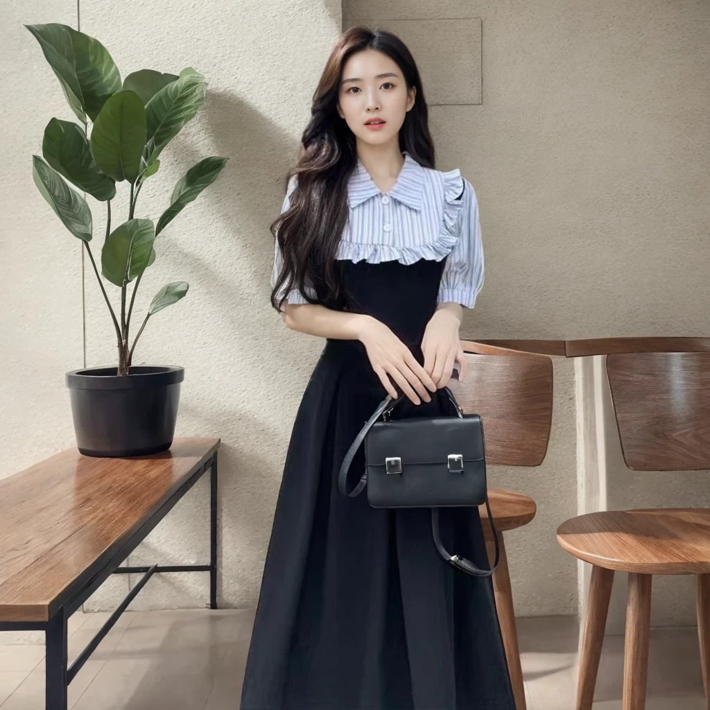 大码学院风假两件拼接连衣裙女装夏季胖mm新款收腰显瘦a字长裙子