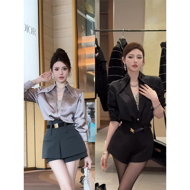 粉红pink 【巴塞罗那】高级重工V领链条珠子长袖衬衫LWJ24C3T1964