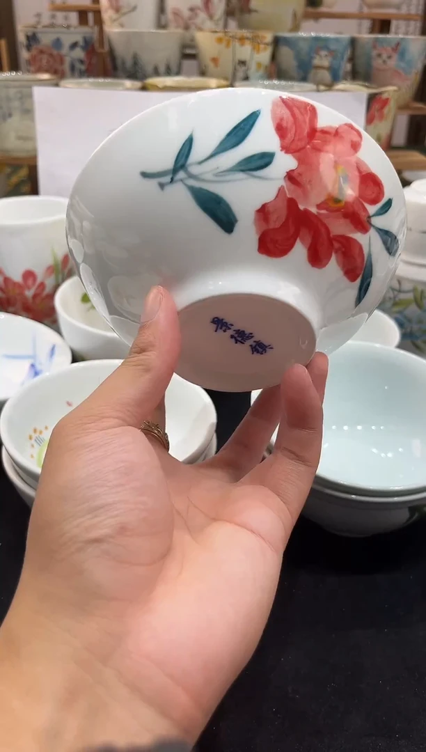 瓷片景德镇手工手绘高温釉下高白泥陶瓷芙蓉花小面碗