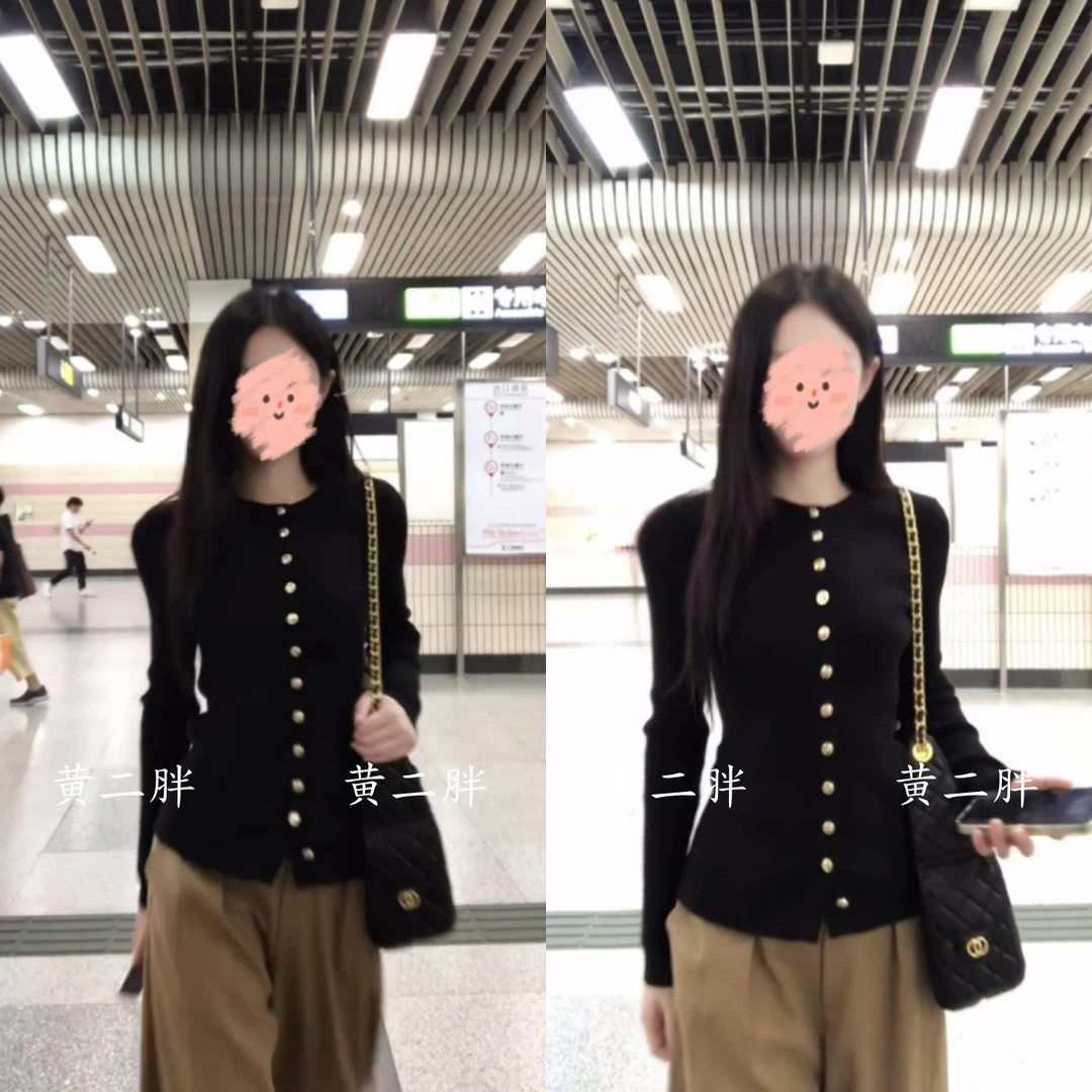 小众黑色金属扣长袖针织衫女秋冬季新款软糯修身显瘦内搭圆领上衣