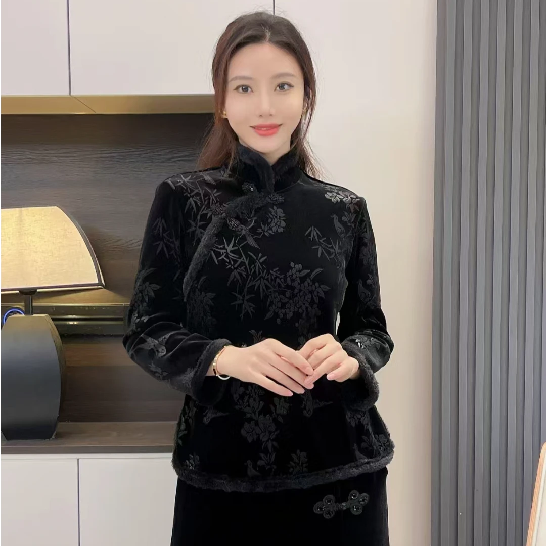 加绒加厚中国风复古盘扣上衣气质显瘦时尚中式重工提花女士打底衫