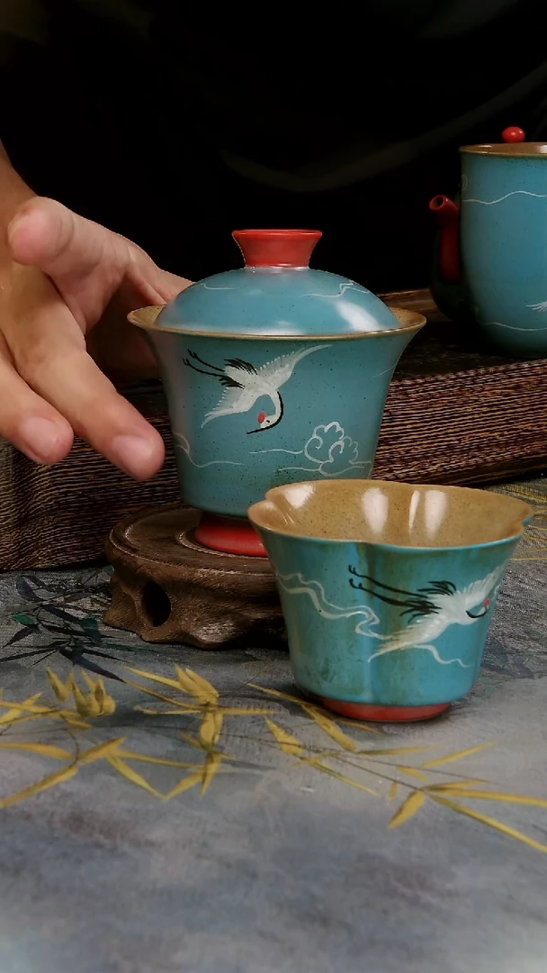 亘古茶具柴烧精品@手绘仙鹤盖碗加杯组合