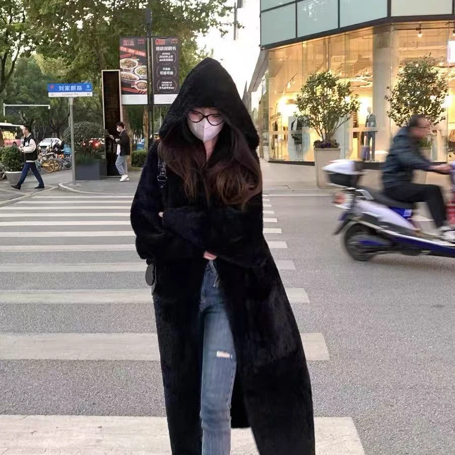 仿水貂绒毛衣外套女针织开衫长款慵懒风宽松高级感过膝连帽大衣