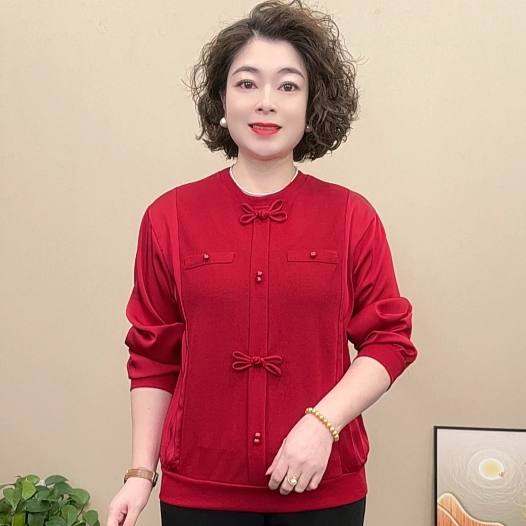 2024春季新款拼接圆领蝴蝶结宽松显瘦百搭洋气妈妈装长袖上衣