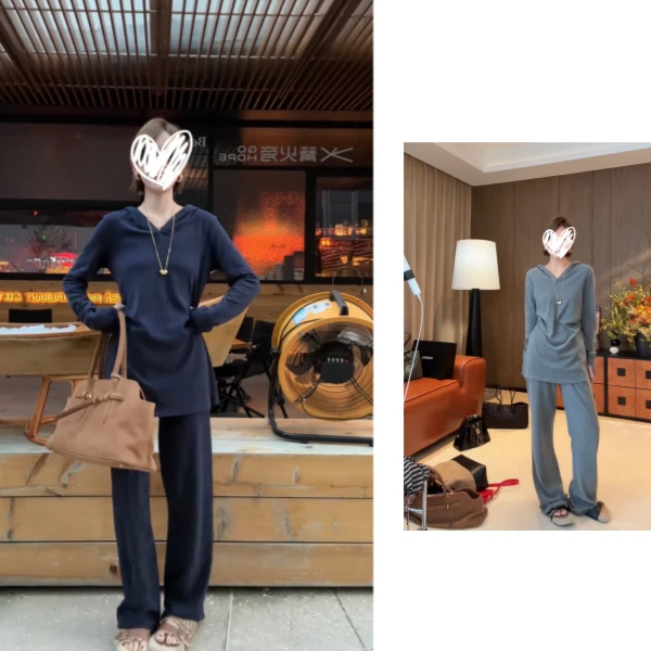 早秋休闲套装女2025新款连帽长袖上衣直筒裤长裤减龄气质两件套