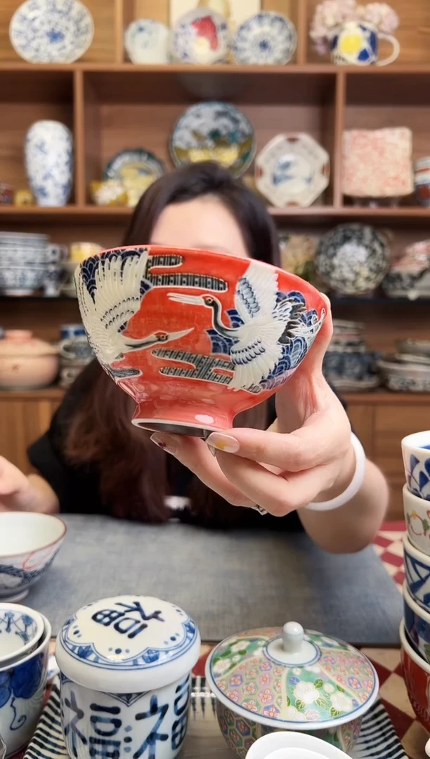 瓷片仙鹤红11.5cm小饭碗