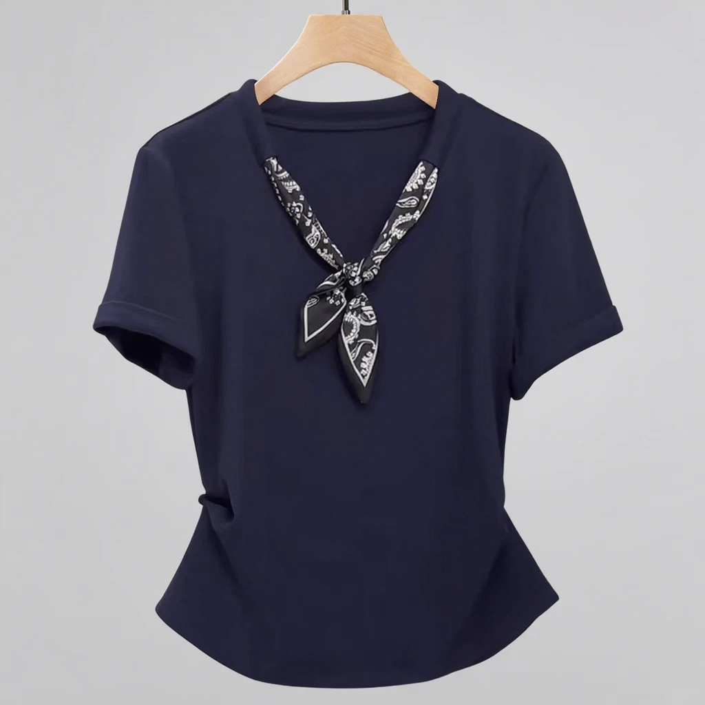 丝巾小衫折折收腰短袖T恤女2025年夏季新款设计感显瘦女装上衣