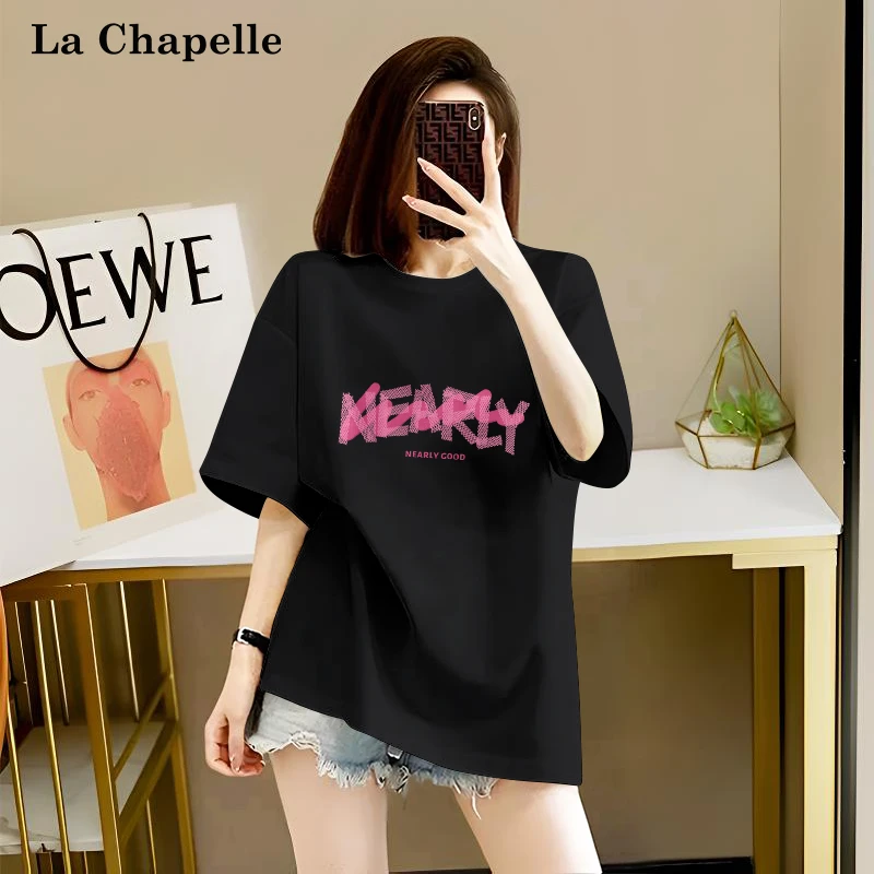 拉夏贝尔设计感短袖t恤女款爆款2025新款纯棉上衣oversize半袖潮