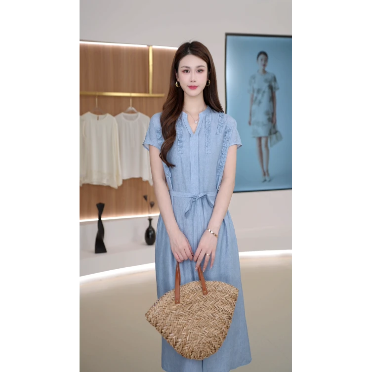 R H 【牛仔珍珠缎】气质显瘦夏季休闲桑蚕丝连衣裙RH376