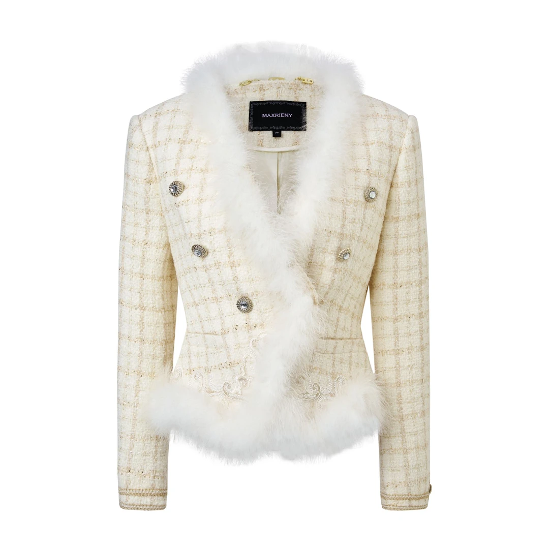 【达人专属】MAXRIENY20年秋季小香风花纱细闪刺绣收腰外套气质感