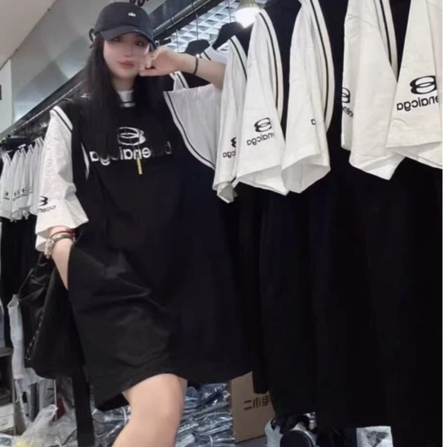 D066夏季新款女装假两件大T恤连衣裙宽松显瘦百搭女中长裙潮