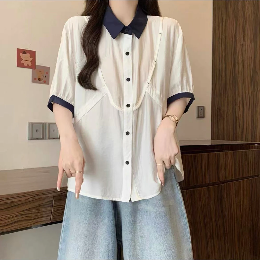 2566衣长62时尚夏2025新款翻领洋气腰抽绳高级感大码女装简约衬衫