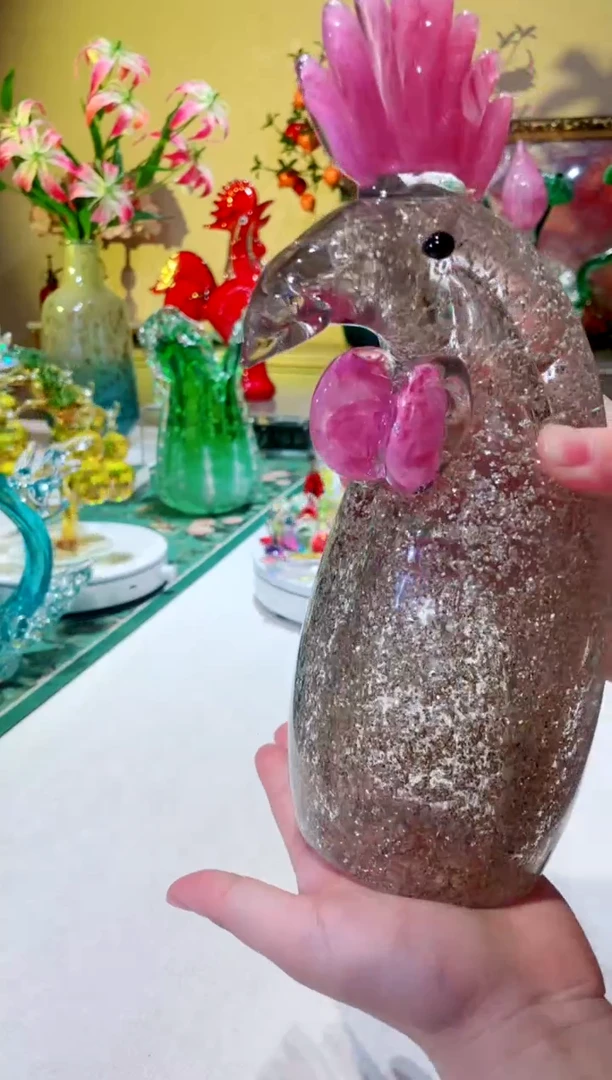琉璃手工艺品    粉色琉璃鸡头  微瑕