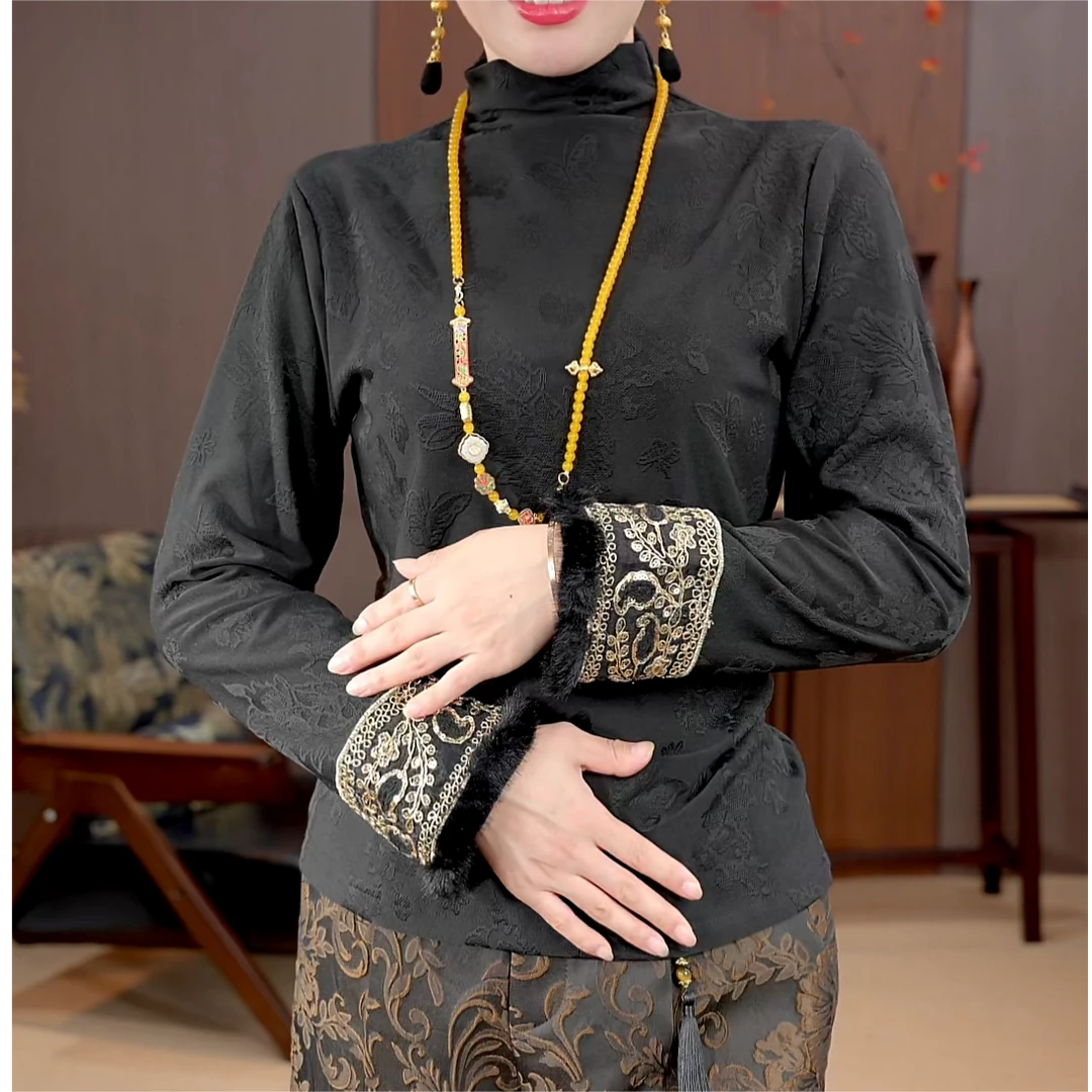 【素衣点华】一缎香云国风加绒高领提花拼接毛毛刺绣长袖打底衫417