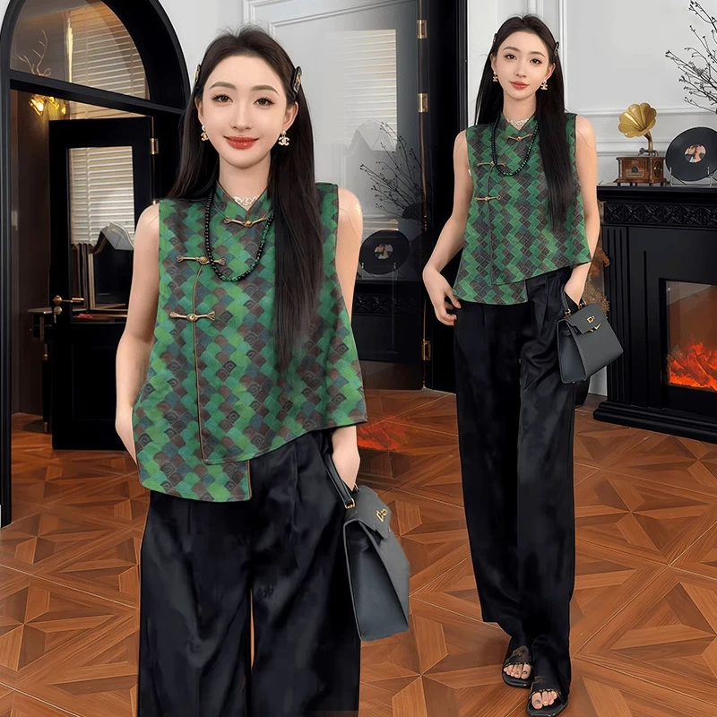 拉夏贝尔巨好看的套装女2025夏季新中式无袖马甲上衣休闲裤两件套