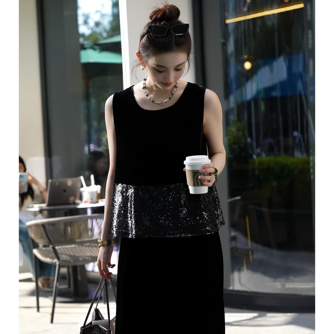 星辉亮片重工真丝丝绒无袖夏季复古气质套头简约百搭通勤背心