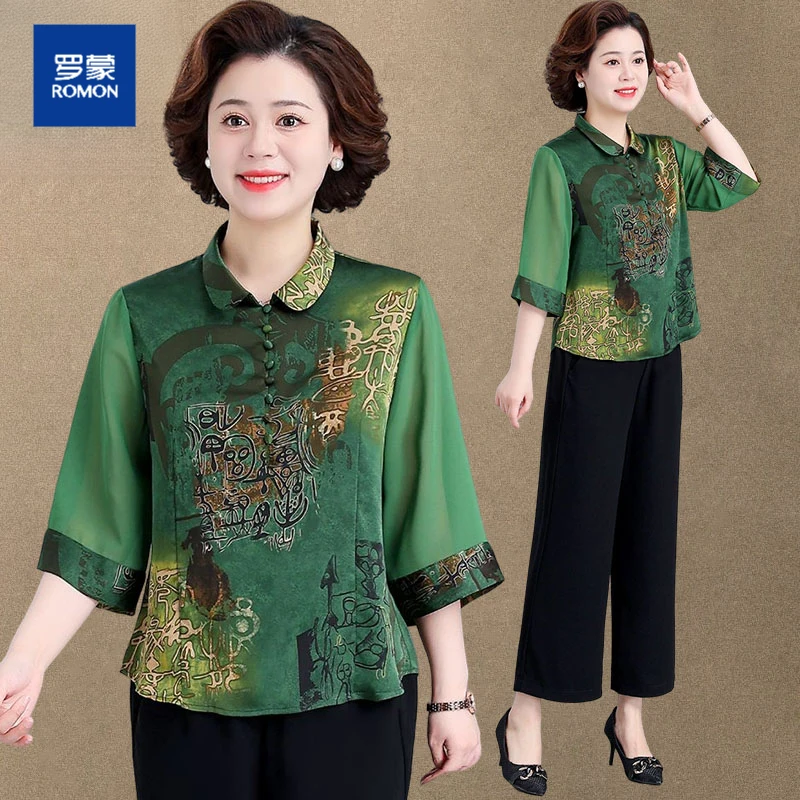 罗蒙妈妈装夏季新中式套装上衣雪纺小衫中老年七分袖新中式T恤