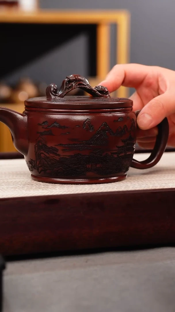 茶壶紫砂铁皮石红 如意汉瓦 刻绘