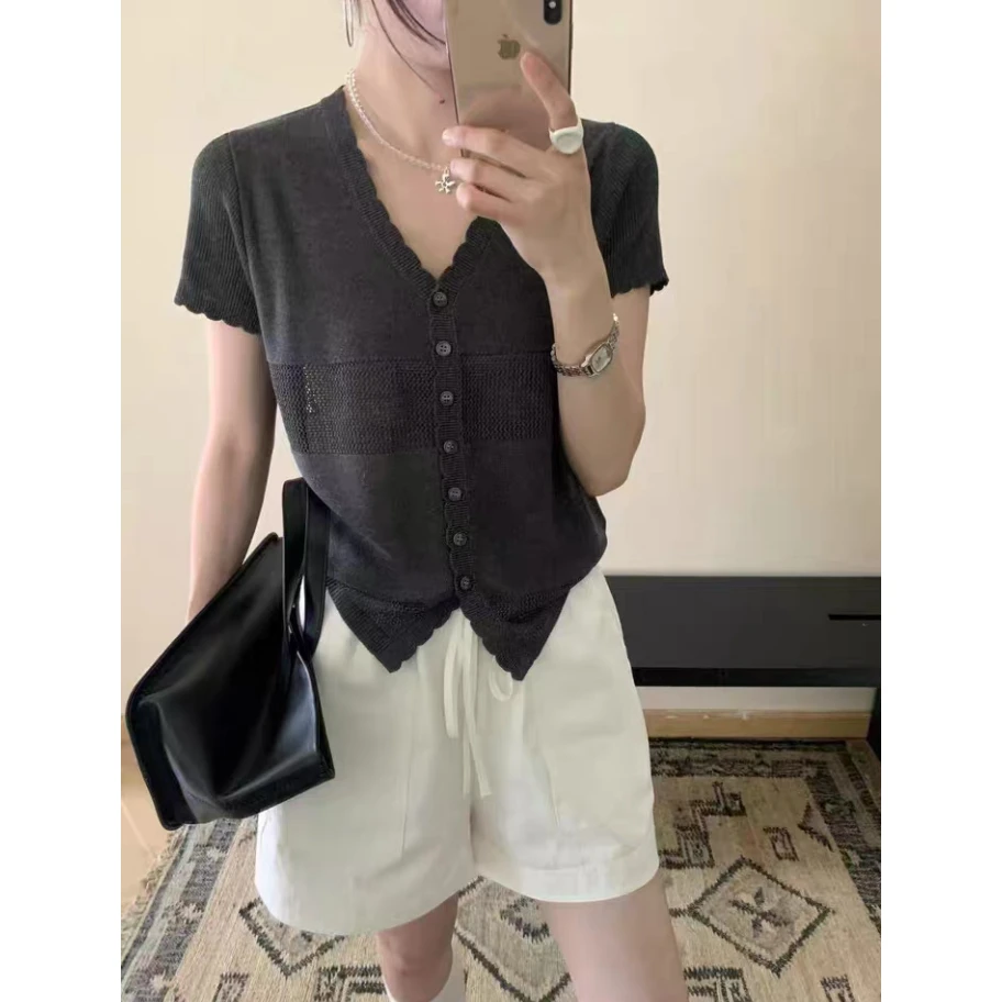 3320【V领花边单排扣镂空开衫】春夏新品薄款针织衫女士上衣