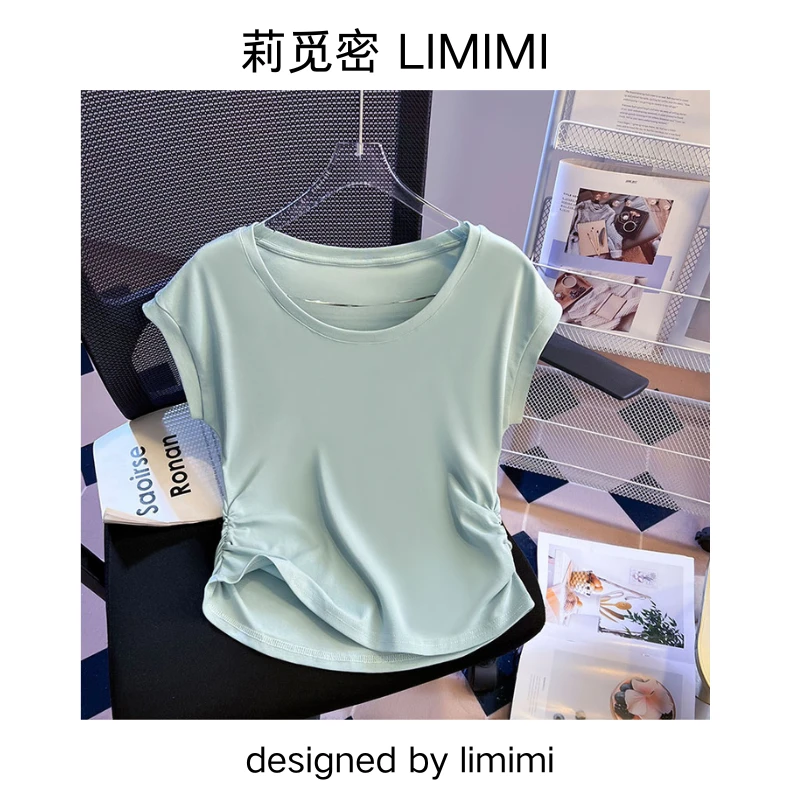 韩版女装简约百搭圆领侧边褶皱收腰显瘦T恤短袖上衣宽松