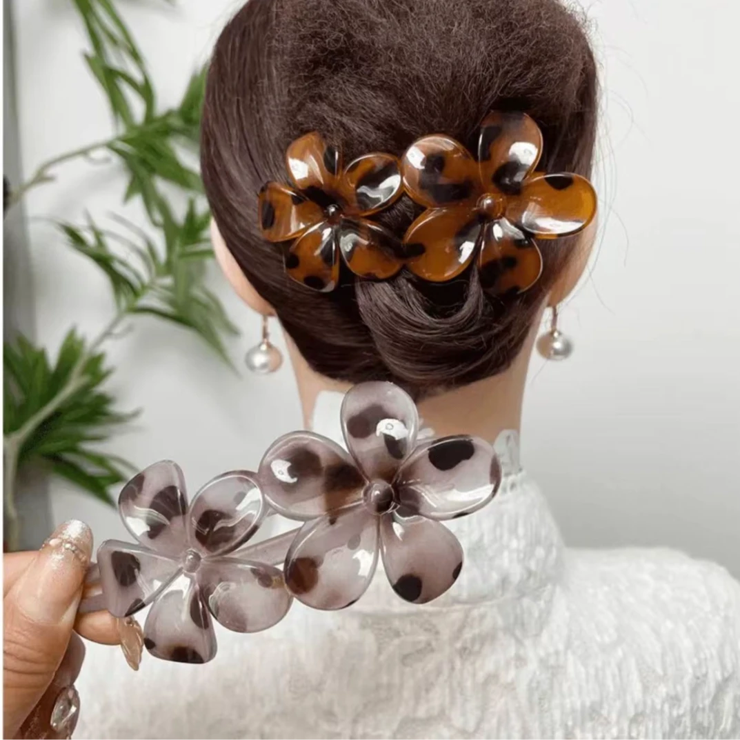 诗泊雅 法式慵懒风高级感豹纹盘发鸭嘴夹抓夹花朵碎发侧边发卡刘