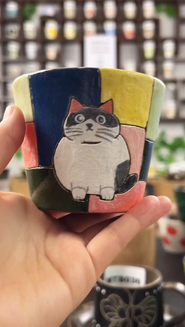 手工手绘猫咪猪口杯