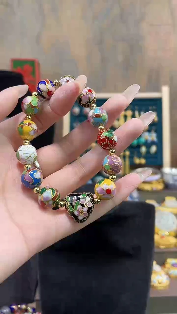 景泰蓝手串多宝1.2加金地加黑色心