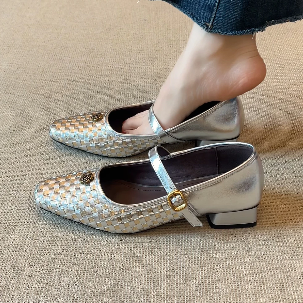 RubyL/3cm2025春夏新款法式复古时尚百搭编织粗跟玛丽珍单鞋女款