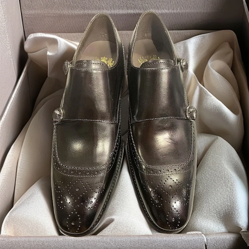 铁狮丹尼布洛克孟克手工真皮鳄鱼皮大底雕花男鞋皮鞋