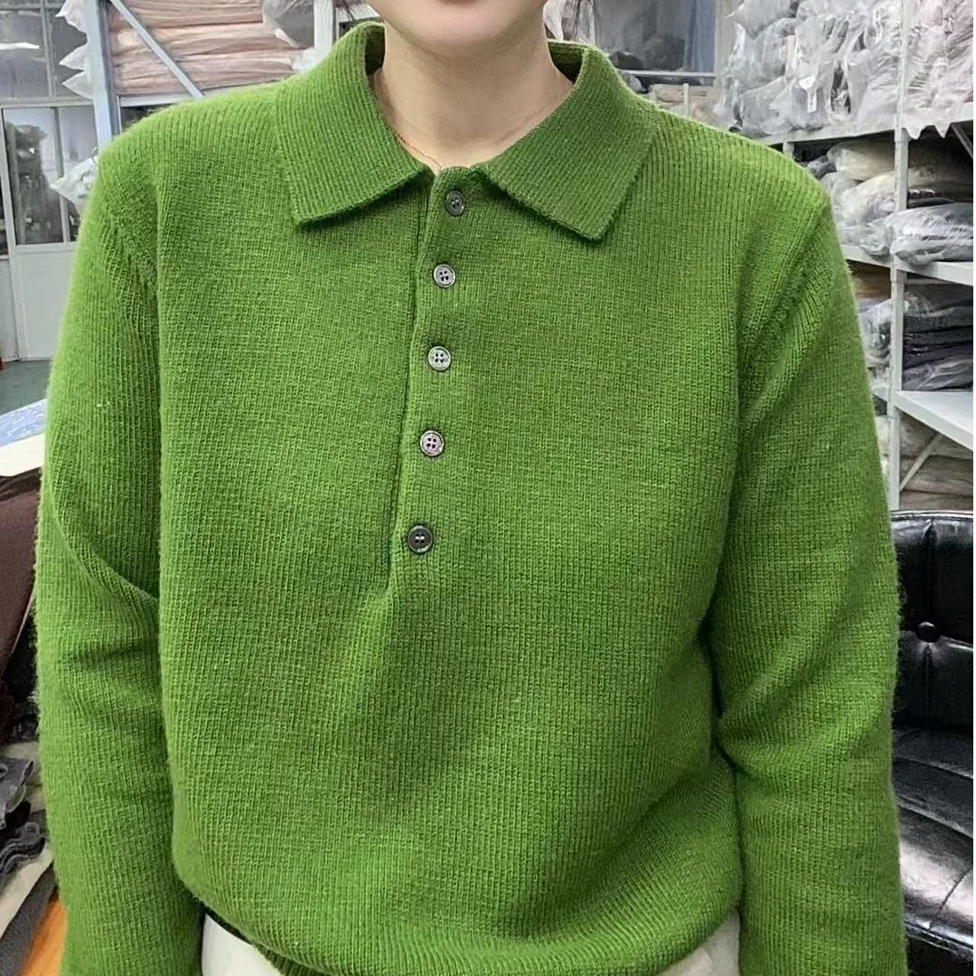 【果绿色】显白polo领套头宽松软糯毛衣女2025秋季新款慵懒风针织衫