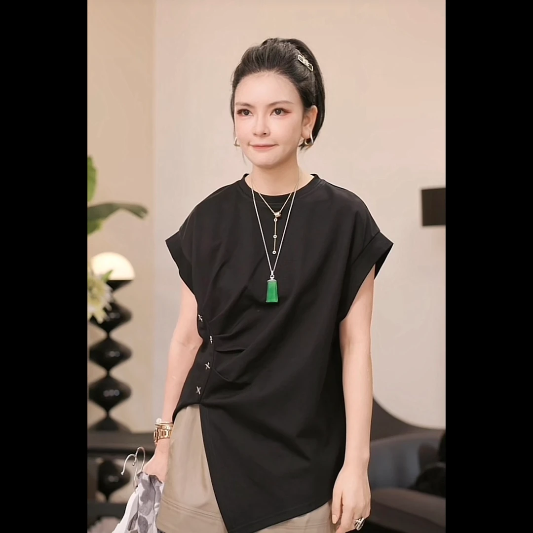 【燕子设计师品牌】不规则开叉皱褶感百搭短袖 12068 C