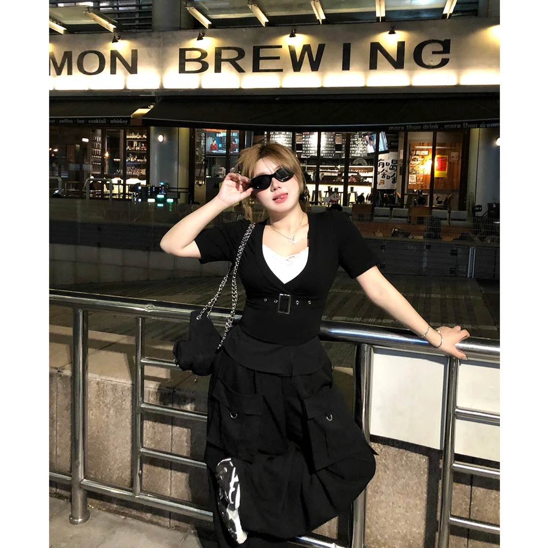 安妮不火【row系松弛】新款设计感金属扣大V领显瘦针织T恤A251T0104