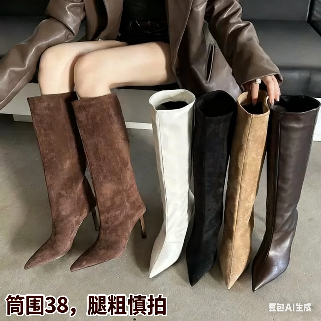 2024秋冬新款时尚尖头细跟百搭麂皮高跟长筒靴女直筒网红瘦瘦靴鞋