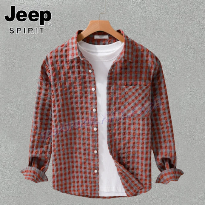 Jeep吉普个性泡泡纱格子衬衫春秋季复古潮流格纹衬衣男士长袖外套