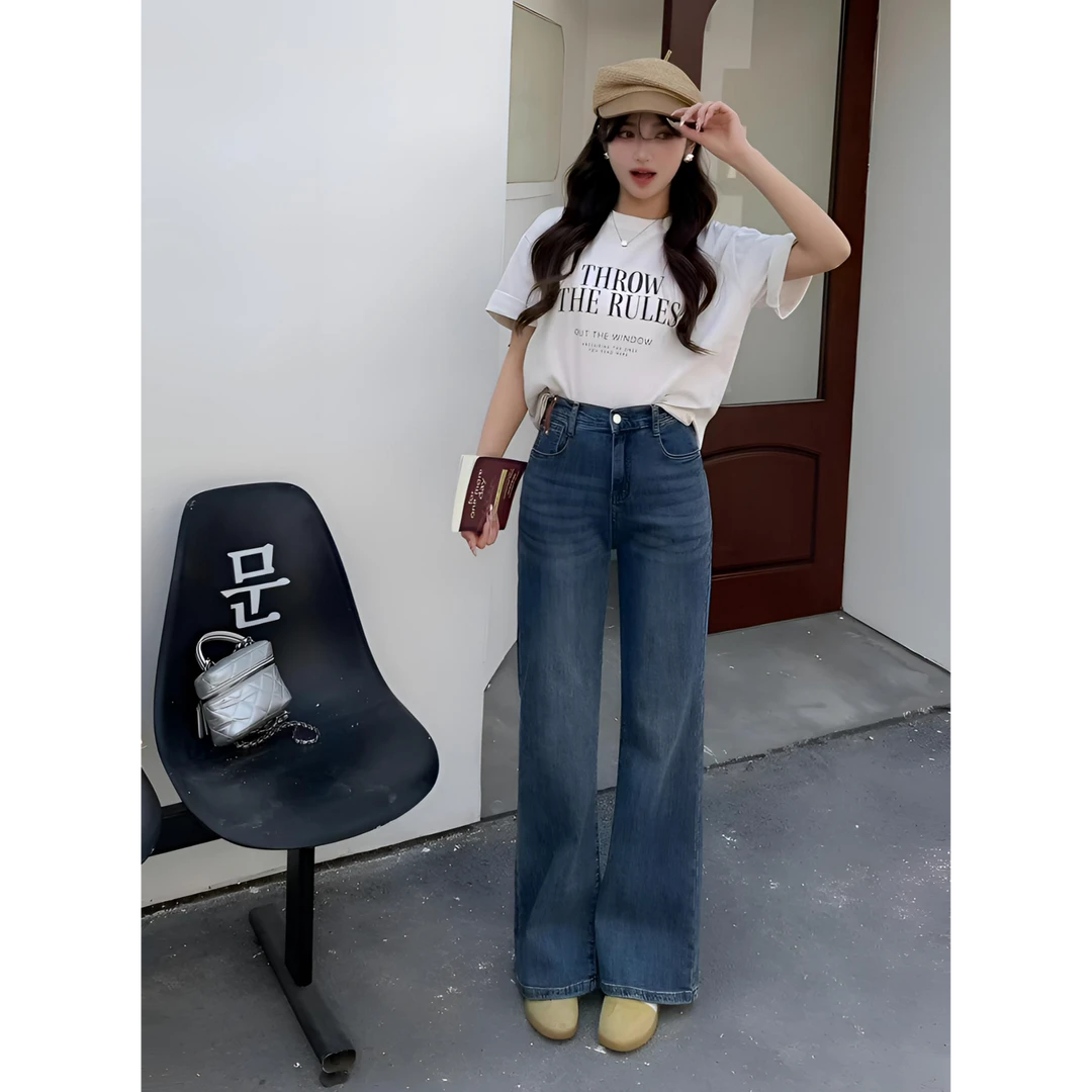 5022大码牛仔裤春季新款宽松高腰阔腿裤女百搭美式高街牛仔裤