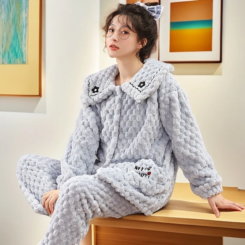 睡衣长袖甜美女秋冬季加绒加厚保暖珊瑚绒女士可外穿家居服套装