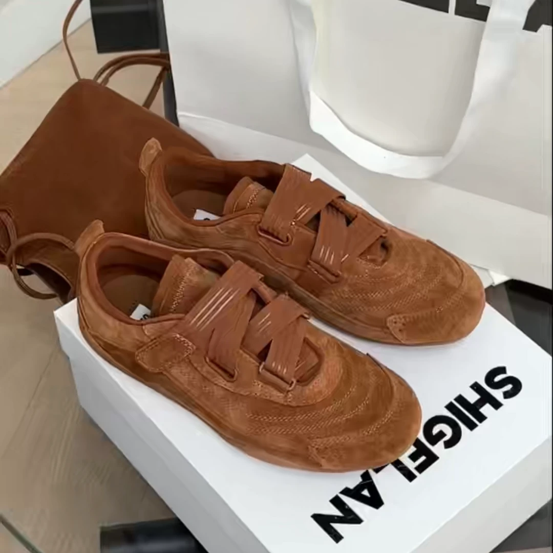 诗歌兰真皮女2025新款时尚拼色小众复古魔术贴德训鞋休闲运动板鞋