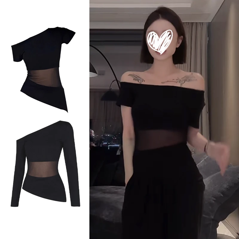 【现货！！！带运费险】法式网纱微透斜肩短袖夏季显瘦纯欲风辣妹上衣